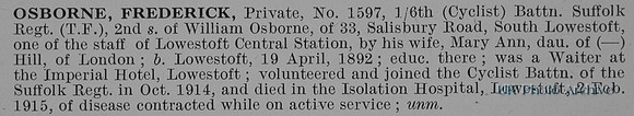 Osborne F Pte 1597 6th Suffolk Regiment Obit De Ruvignys Roll Of Honour Vol 1