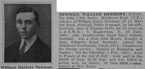 Newman W H Pte 3082 8th Middlesex Regiment Obit De Ruvignys Roll Of Honour Vol 1