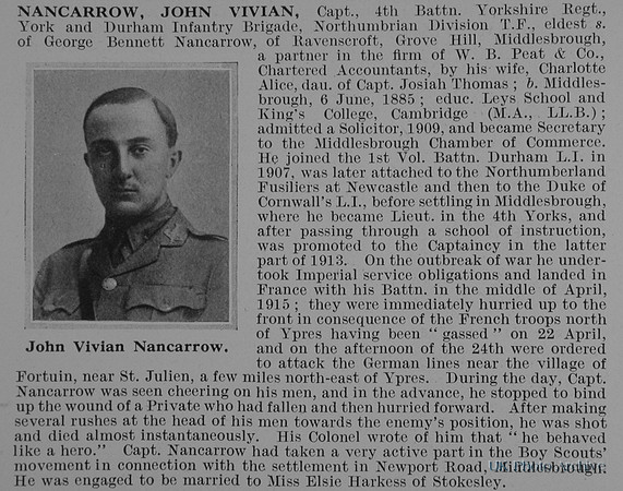 Nancarrow J V Captain 4th Yorkshire Regiment Obit