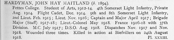 Hardyman J H M Lt Col DSO MC 8th Somerset Light Infantry Obit