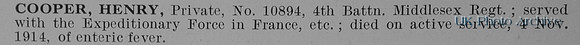 Cooper H Pte 10894 4th Middlesex Regiment Obit