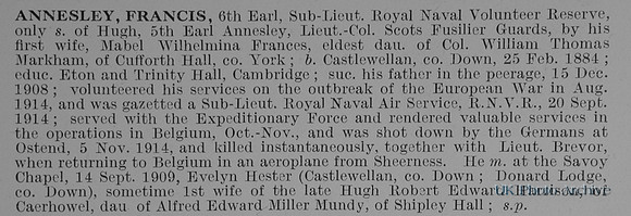 Annesley F Sub Lt Earl RNVR Attd to Royal Naval Air Service Obit