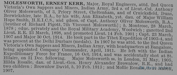 Molesworth E K Major Royal Engineers Attd Indian Army Obit