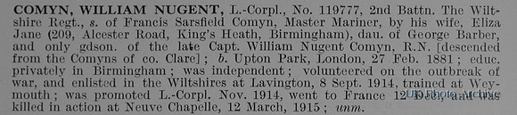 Comyn W N LCpl 119777 2nd Wiltshire Regiment Obit