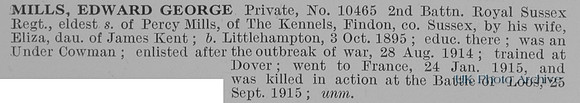 Mills E G Pte 10465 2nd Royal Sussex Regiment Obit