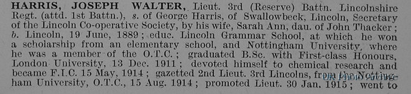 Harris J W Lt 3rd Lincolnshire Regiment Obit Part 1