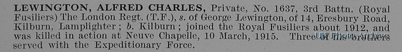 Lewington A C Pte 1637 3rd London Regiment Obit
