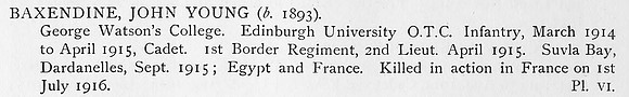 Baxendine J Y 2nd Lt 1st Border Regiment Obit