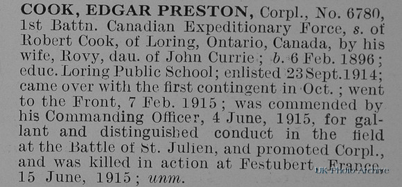 Cook E P Cpl 6780 1st Canadian Expeditionary Force Obit