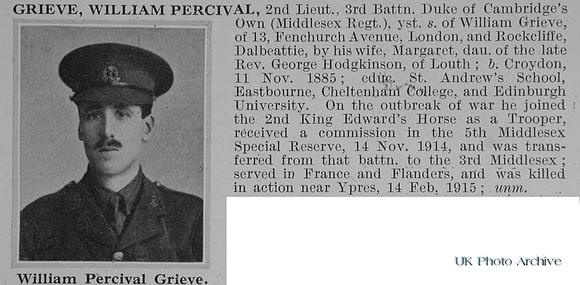 Grieve W P 2nd Lt 3rd Middlesex Regiment Obit