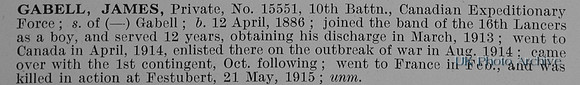 Gabell J Pte 15551 10th Canadian Expeditionary Force Obit