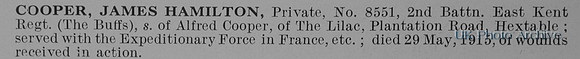 Cooper J H Pte 8551 2nd East Kent Regiment Obit