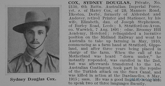 Cox S D Pte 2130 6th Australian Imperial Force Obit