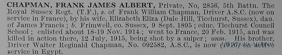 Chapman F J A Pte 2856 5th Royal Sussex Regiment Obit