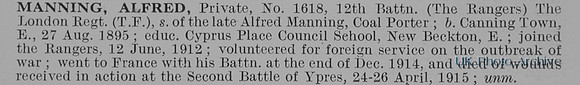Manning A Pte 1618 12th London Regiment Obit