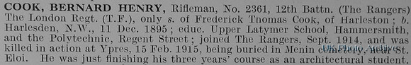 Cook B H Rfn 2361 12th London Regiment Obit