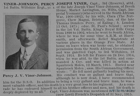 Viner-Johnson P J V Captain 1st Wiltshire Regiment Obit