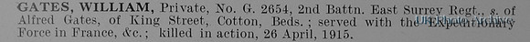 Gates W Pte G2654 2nd East Surrey Regiment Obit