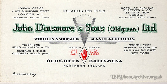 John Dinsmore & Sons Ltd Oldgreen Ballymena Woollen Mills 1980s Business Card