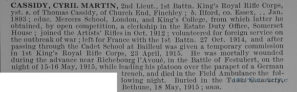 Cassidy C M 2nd Lt 1st Kings Royal Rifle Corps Obit