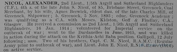 Nicol A 2nd Lt 5th Argyll And Sutherland Highlanders
