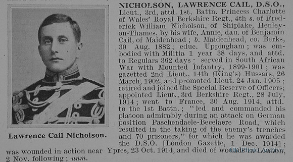 Nicholson L C Lt 1st Royal Berkshire Regiment Obit