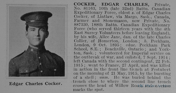 Cocker E C Pte 81163 10th Canadian Expeditionary Force Obit