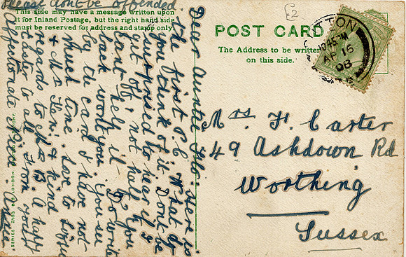 Sutton Postcard 1908 Posted To Mrs F Carter 49 Ashdown Road, Worthing, Sussex. Sutton Postmark.