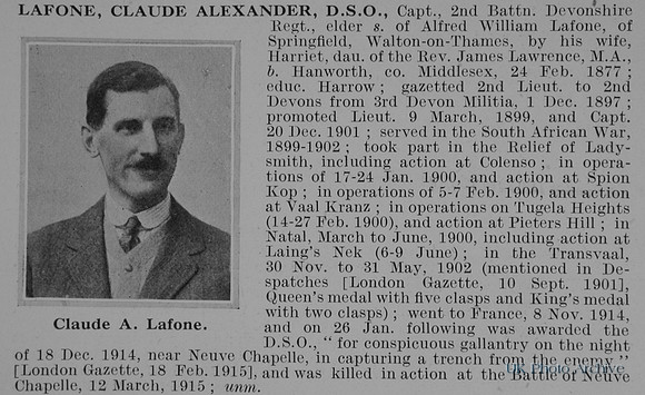 Lafone C A Captain DSO 2nd Devonshire Regiment Obit