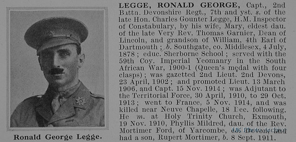 Legge R G Captain 2nd Devonshire Regiment Obit