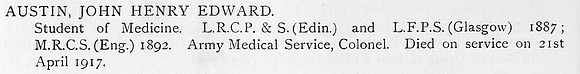 Austin J H E Col Royal Army Medical Corps