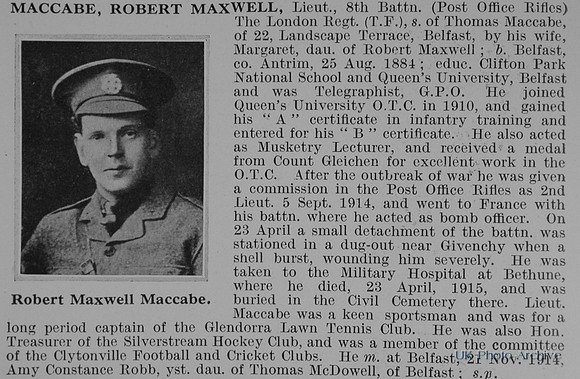 MacCabe R M Lt 8th London Regiment Obit