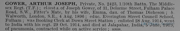Gower A J Pte 2423 10th Middlesex Regiment Obit
