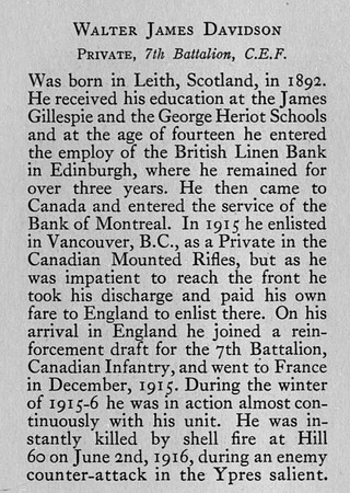 Davidson W J Pte 78004 7th Canadian Infantry Obit Bank Of Montreal Memorial Of The Great War