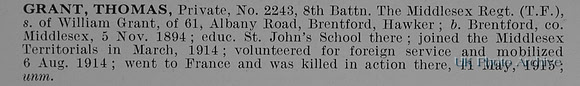 Grant T Pte 2243 8th Middlesex Regiment Obit