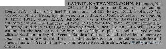Laurie N J Rfn 3224 12th London Regiment Obit