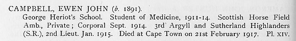 Campbell E J 2nd Lt Argyll Sutherland Highlanders Obit