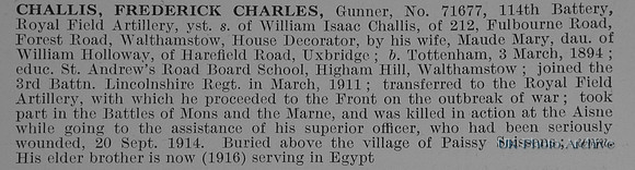 Challis F C Gnr 71677 Royal Field Artillery Obit