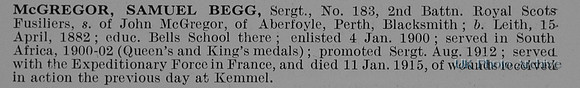 McGregor S B Sergt 183 2nd Royal Scots Fusiliers Obit