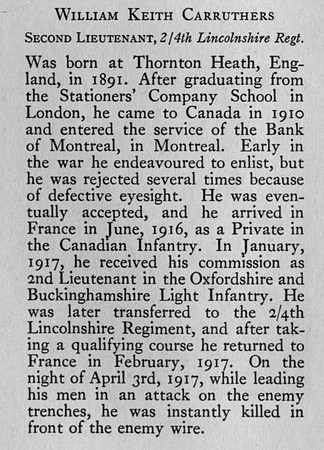 Carruthers W K 2nd Lt 4th Lincolnshire Regiment Obit