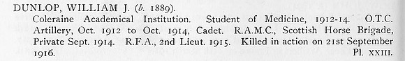 Dunlop W J 2nd Lt Royal Field Artillery Obit