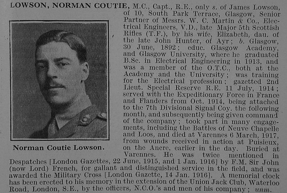 Lowson N C Captain MC Royal Engineers Obit De Ruvignys Roll Of Honour Vol 3