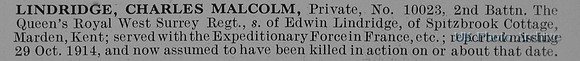 Lindridge C M Pte 10023 2nd Royal West Surrey Regiment Obit