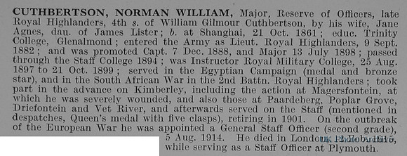 Cuthbertson N W Major Black Watch Attd General Staff Obit