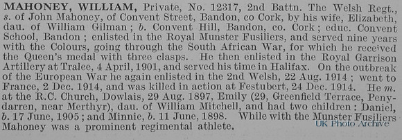 Mahoney W Pte 12317 2nd Welsh Regiment Obit