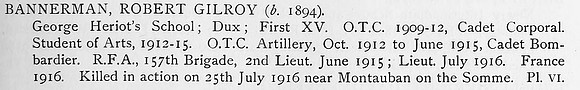 Bannerman R G Lt Royal Field Artillery Obit
