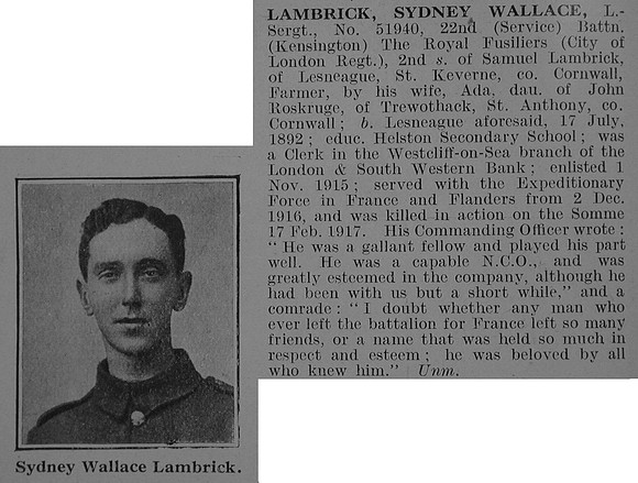 Lambrick S W L/Sergt 22nd Royal Fusiliers Obit De Ruvignys Roll Of Honour Vol 3