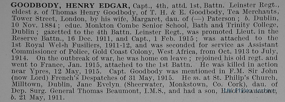 Goodbody H E Captain 1st Leinster Regiment Obit