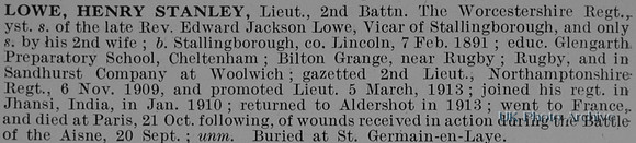 Lowe H S Lt 2nd Worcestershire Regiment Obit