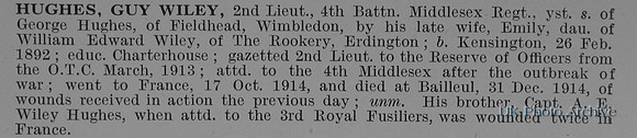 Hughes G W 2nd Lt 4th Middlesex Regiment Obit